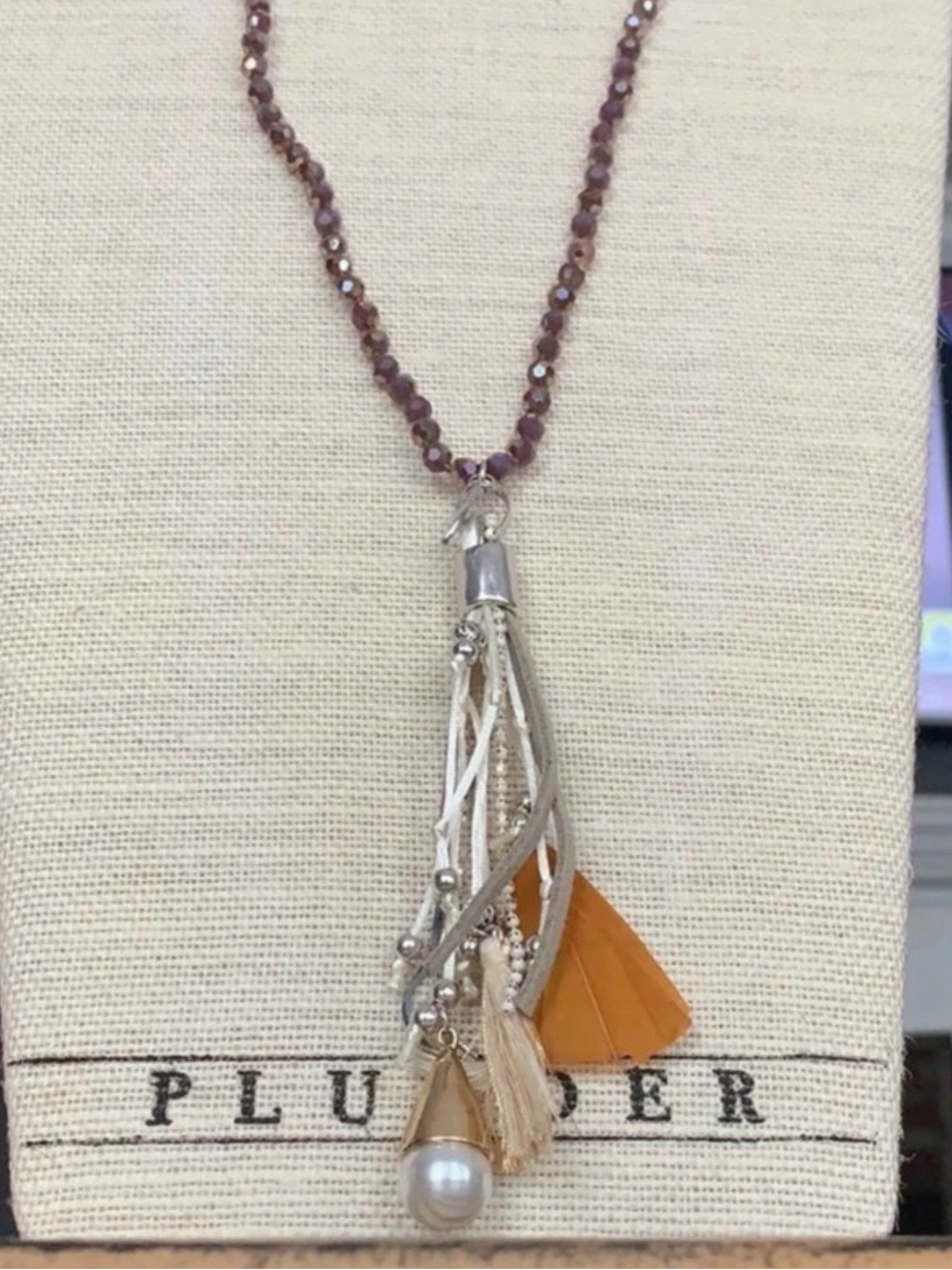 Plunder Lavender Bead Necklace with Silver Tassel, Amber and Pearl Accents